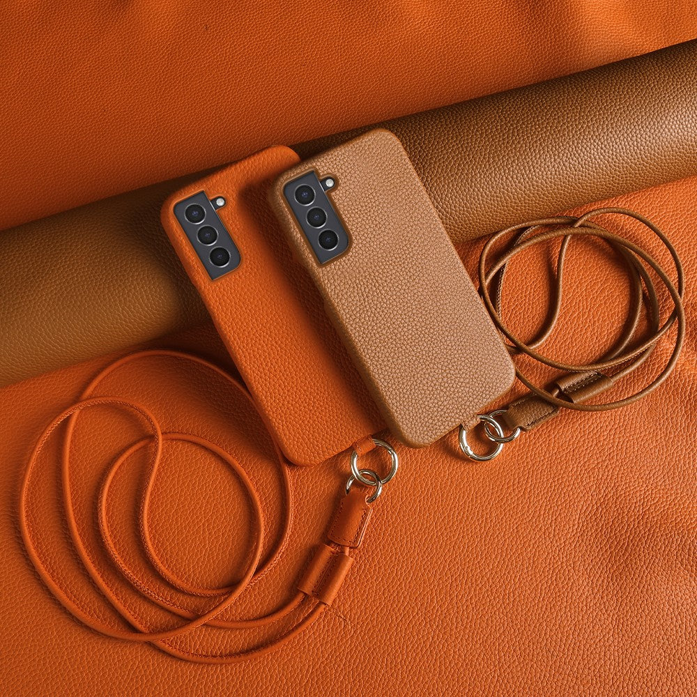 For Samsung Galaxy S21 4G / 5G Case with Lanyard Genuine Cow Leather PC Phone Back Cover