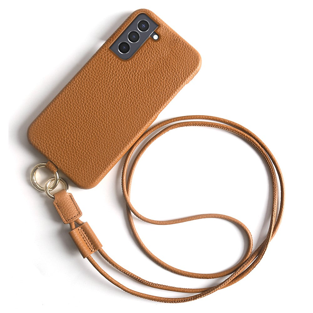 For Samsung Galaxy S21 4G / 5G Case with Lanyard Genuine Cow Leather PC Phone Back Cover