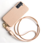 For Samsung Galaxy S21 4G / 5G Case with Lanyard Genuine Cow Leather PC Phone Back Cover