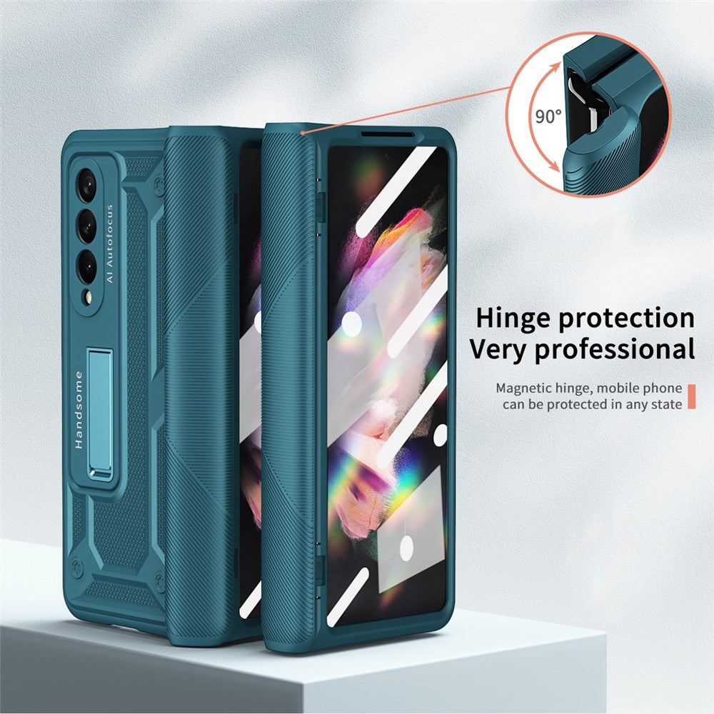 Til Samsung Galaxy Z Fold4 5G Anti-drop Sammenklappeligt Telefoncover Kickstand Magnetisk Hængsel Smartphone Cover med Hærdet Glas Skærmbeskyttelsesfilm