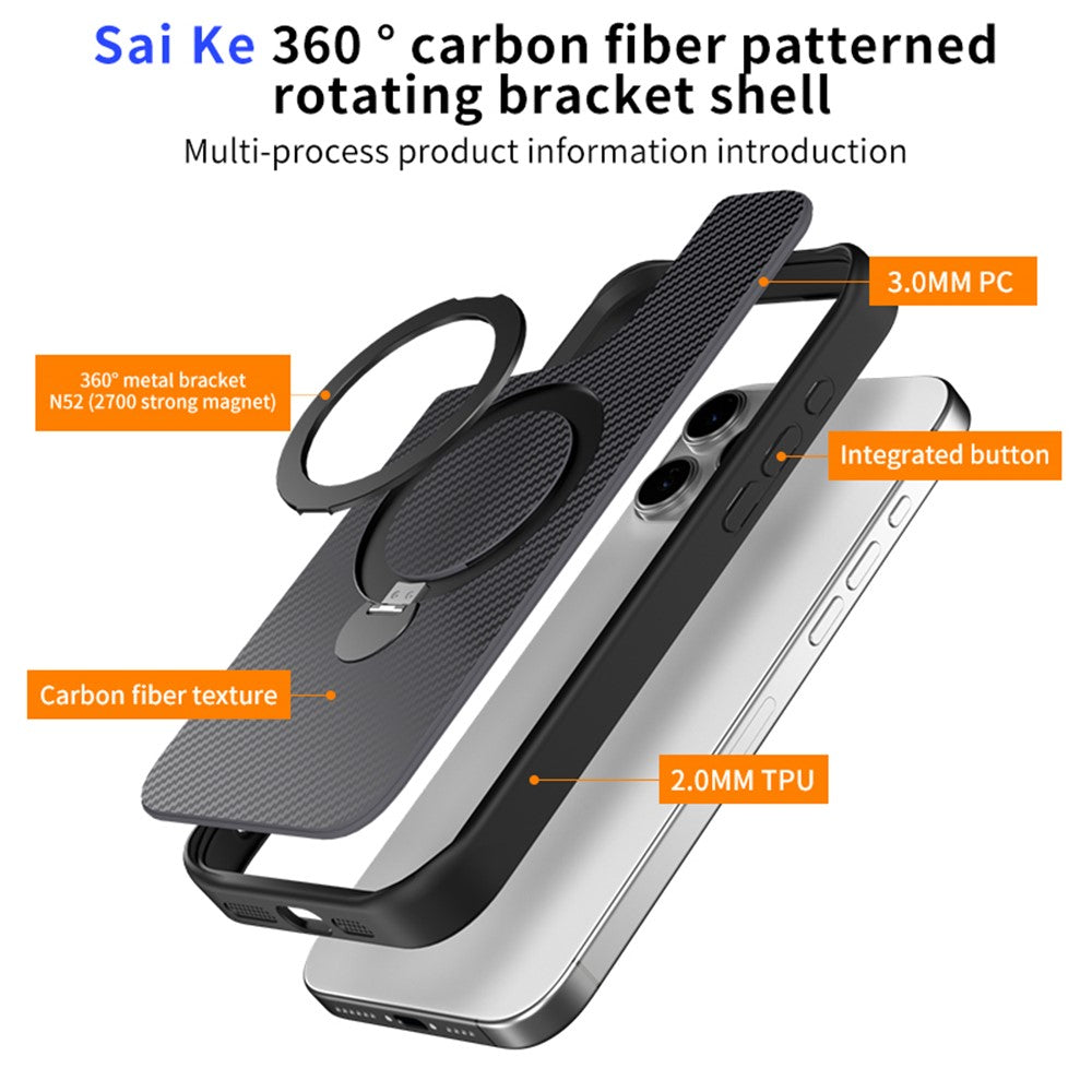 Til iPhone 15 Pro Max cover med magnetisk støttefod TPU + PC bagcover i kulfiber