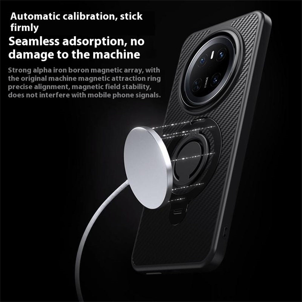 Magnetiskt skal för Huawei Mate 70, stativ, kolfiberstruktur, PC + TPU, bakstycke med silikonring