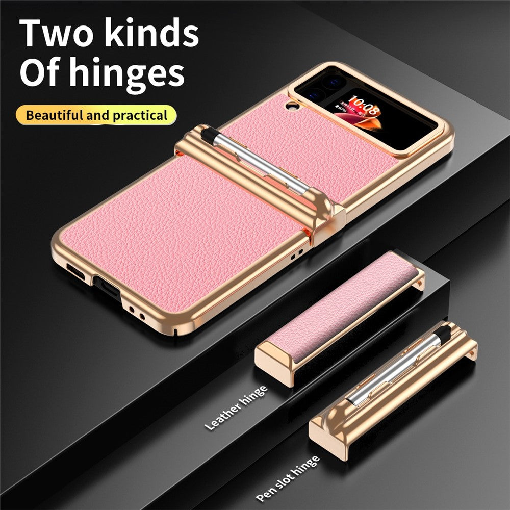 Til Samsung Galaxy Z Flip3 5G Anti-ridse Telefoncover med To Hængsler Litchi Tekstur Sammenfoldeligt Mobiltelefon Beskyttelsescover med Teleskop Stylus
