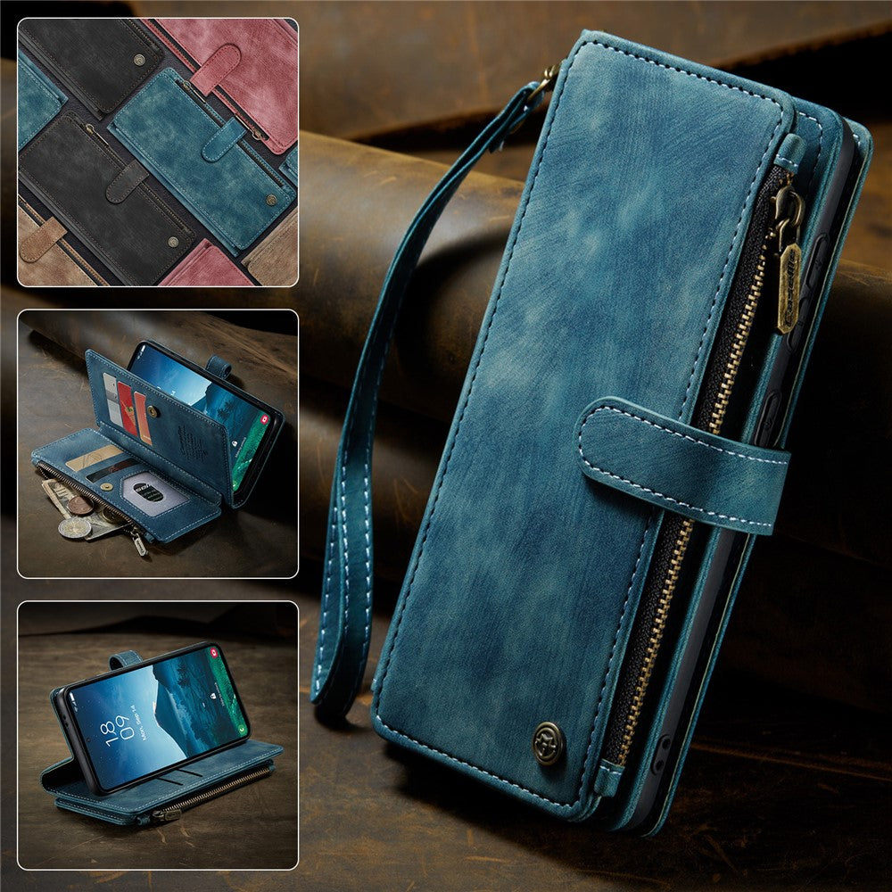 CASEME For Samsung Galaxy S25 Phone Cases with Strap  C30 Zipper Multiple Card Holder PU Leather Cover