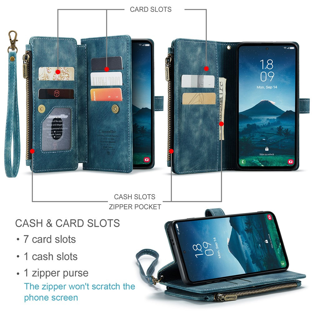 CASEME For Samsung Galaxy S25 Phone Cases with Strap  C30 Zipper Multiple Card Holder PU Leather Cover
