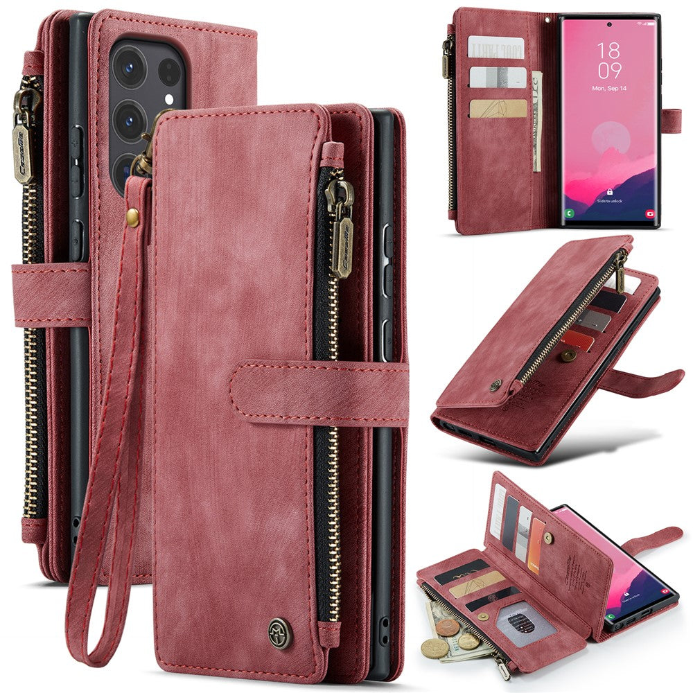 CASEME For Samsung Galaxy S25 Ultra Phone Cases with Strap  C30 Zipper Multiple Card Holder PU Leather Cover