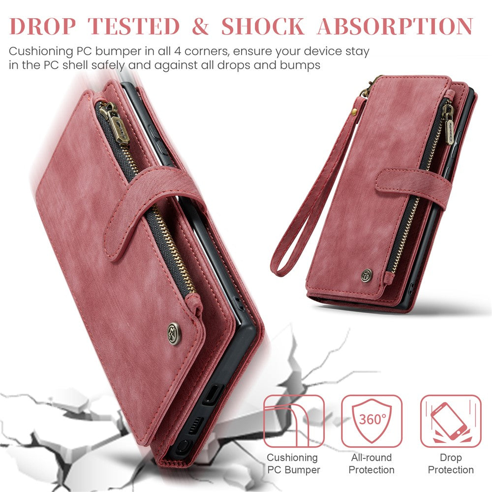 CASEME For Samsung Galaxy S25 Ultra Phone Cases with Strap  C30 Zipper Multiple Card Holder PU Leather Cover
