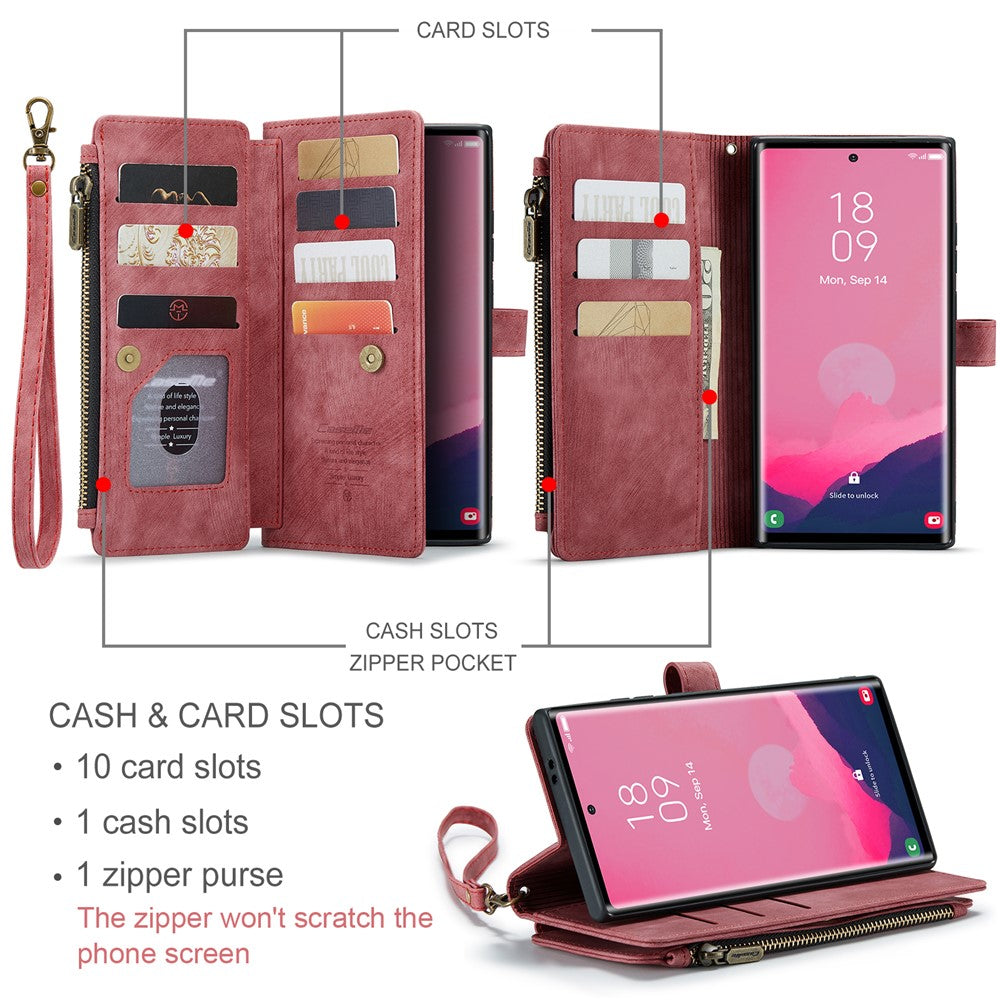 CASEME For Samsung Galaxy S25 Ultra Phone Cases with Strap  C30 Zipper Multiple Card Holder PU Leather Cover