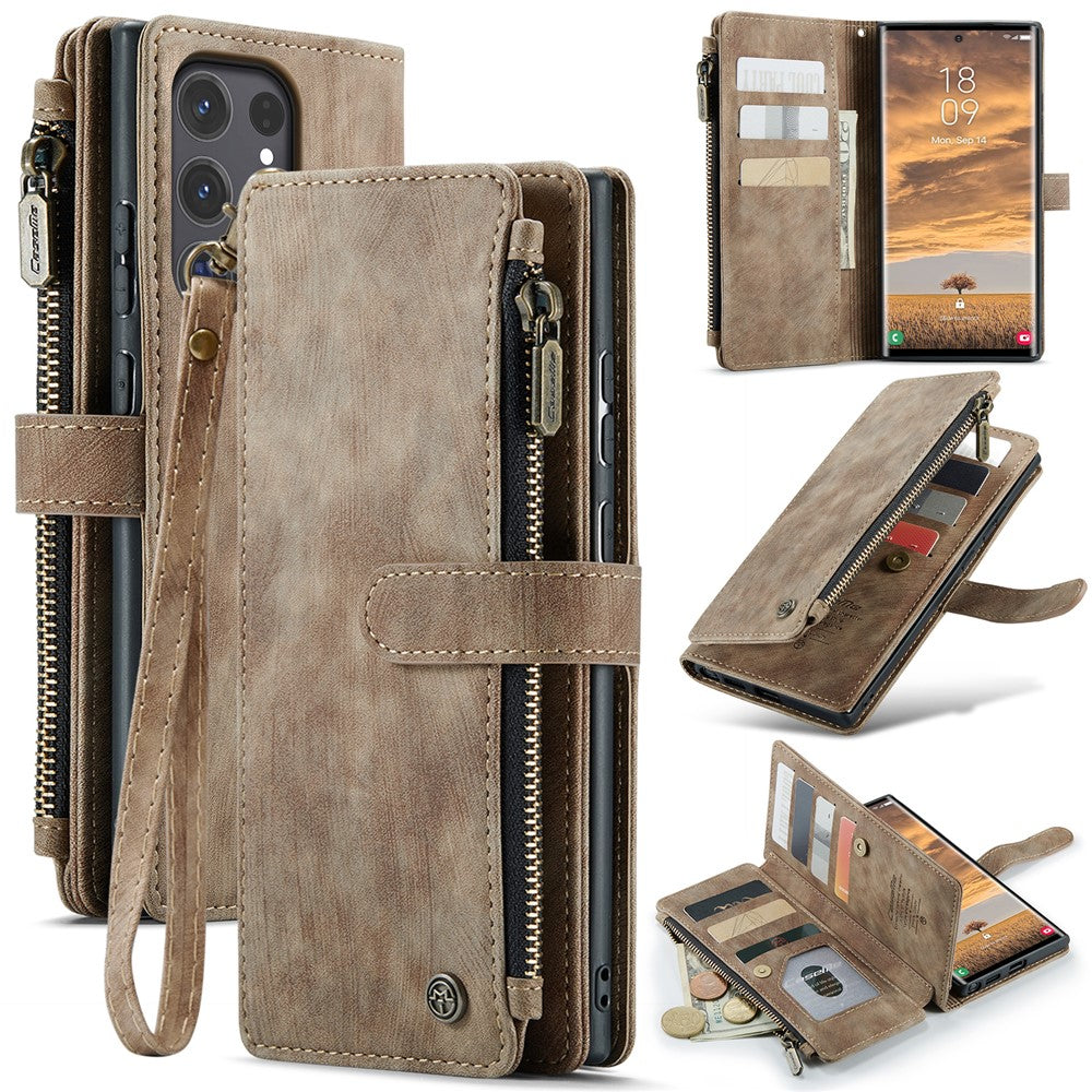 CASEME For Samsung Galaxy S25 Ultra Phone Cases with Strap  C30 Zipper Multiple Card Holder PU Leather Cover