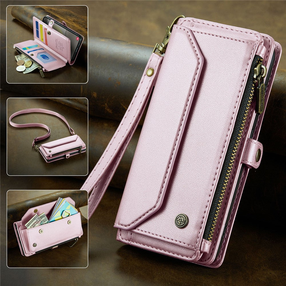 CASEME Til Samsung Galaxy S25 Lædercover C36 Lynlås Flere Kortlommer Telefoncover med Remme