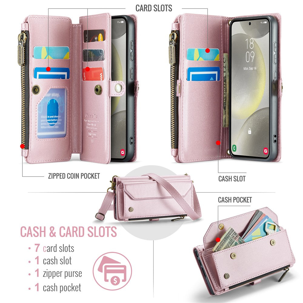 CASEME Til Samsung Galaxy S25 Lædercover C36 Lynlås Flere Kortlommer Telefoncover med Remme