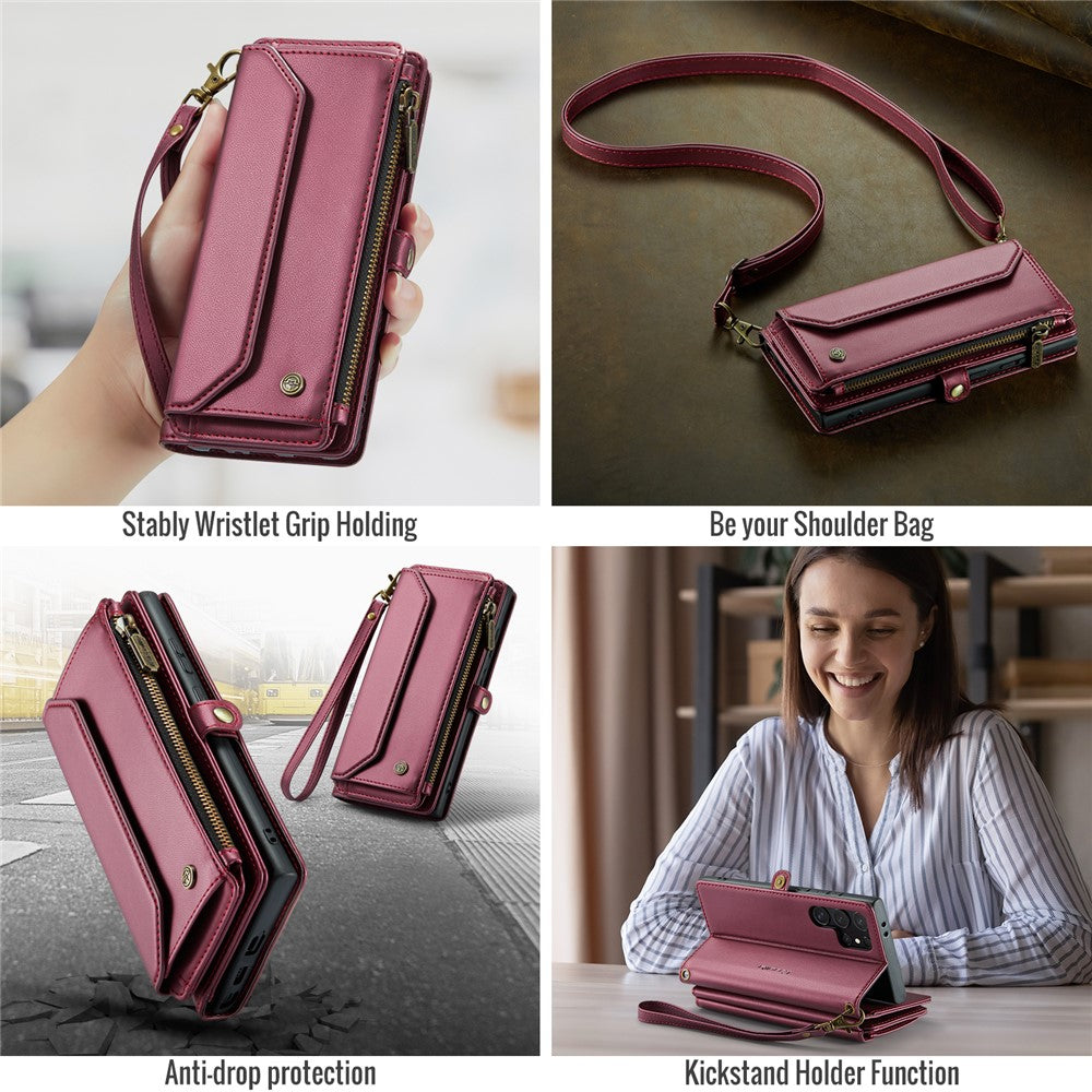CASEME Til Samsung Galaxy S25 Ultra Læderetui C36 Lynlås Flere Kortpladser Telefoncover med Remme