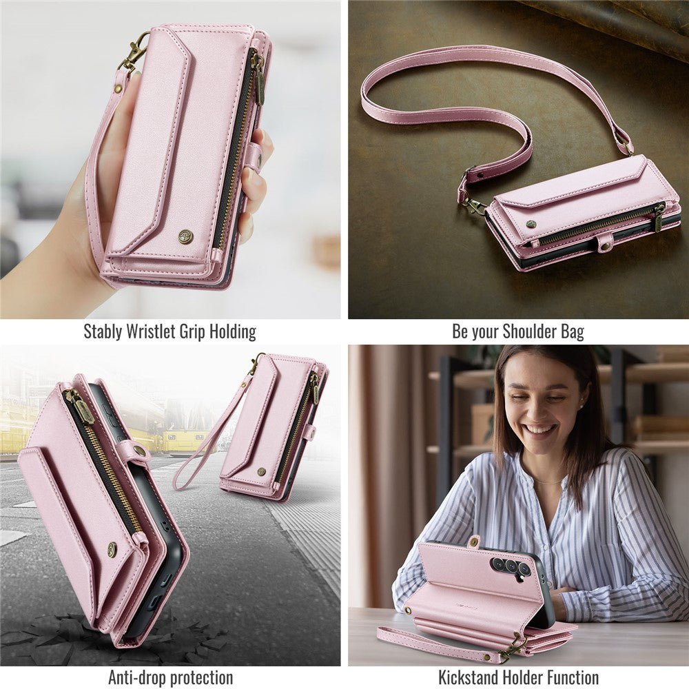 CASEME For Samsung Galaxy S25+ Leather Case C36 Zipper Multiple Card Slots Phone Cover with Straps