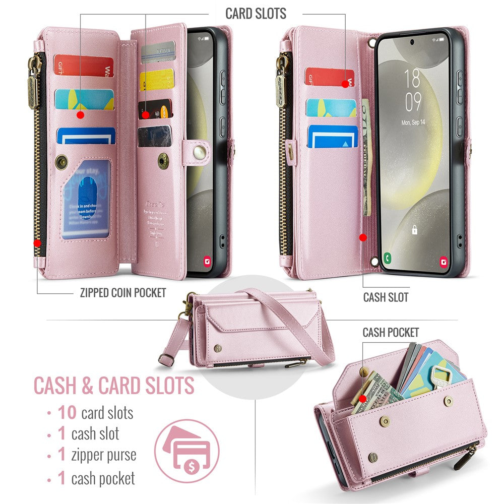 CASEME For Samsung Galaxy S25+ Leather Case C36 Zipper Multiple Card Slots Phone Cover with Straps