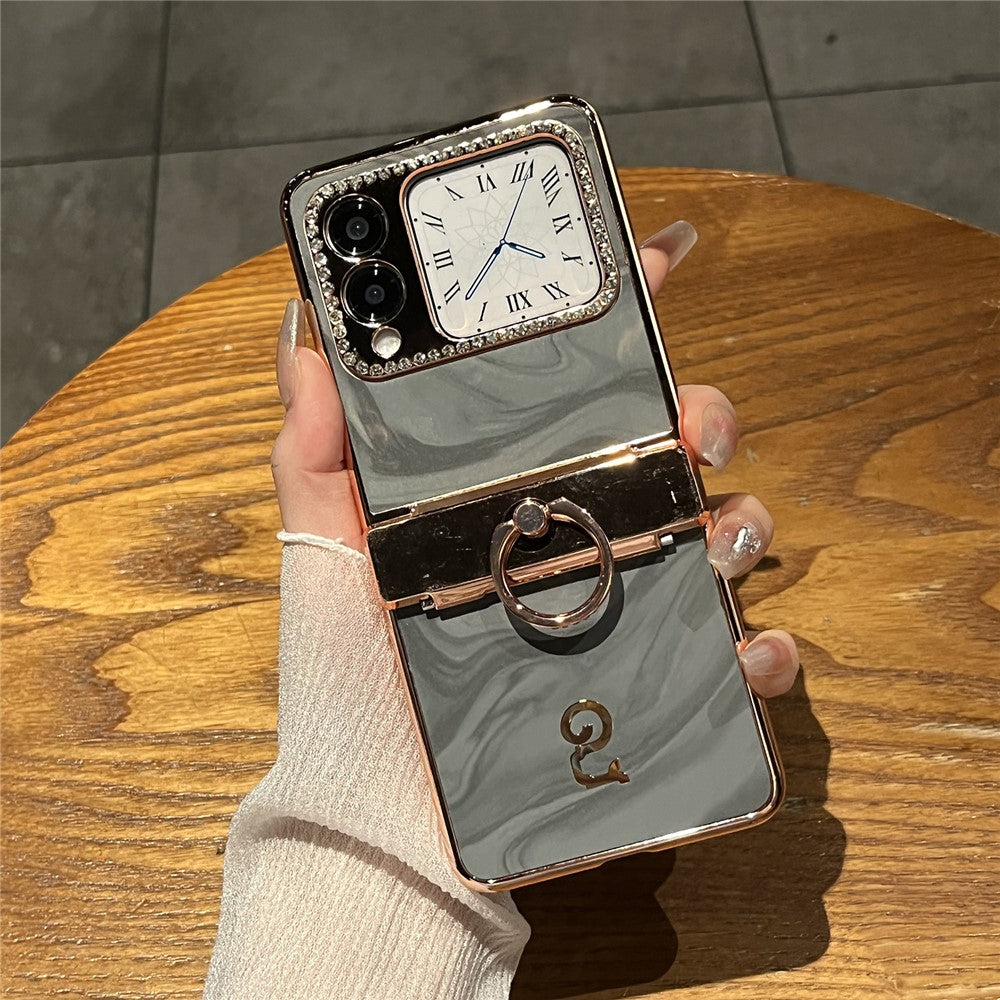 For Huawei nova Flip 5G Case Ring Holder Rhinestone Decor PU Leather PC Folding Phone Cover