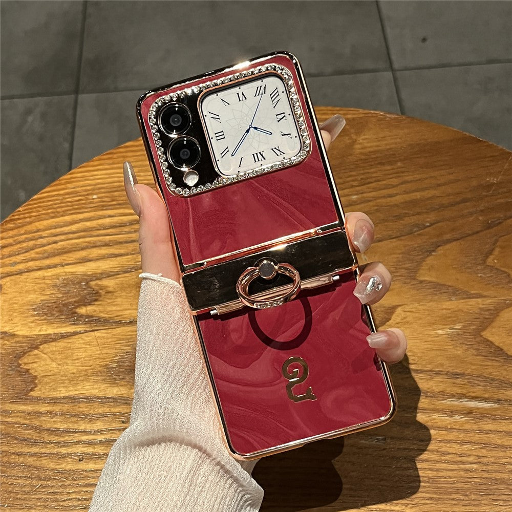 For Huawei nova Flip 5G Case Ring Holder Rhinestone Decor PU Leather PC Folding Phone Cover