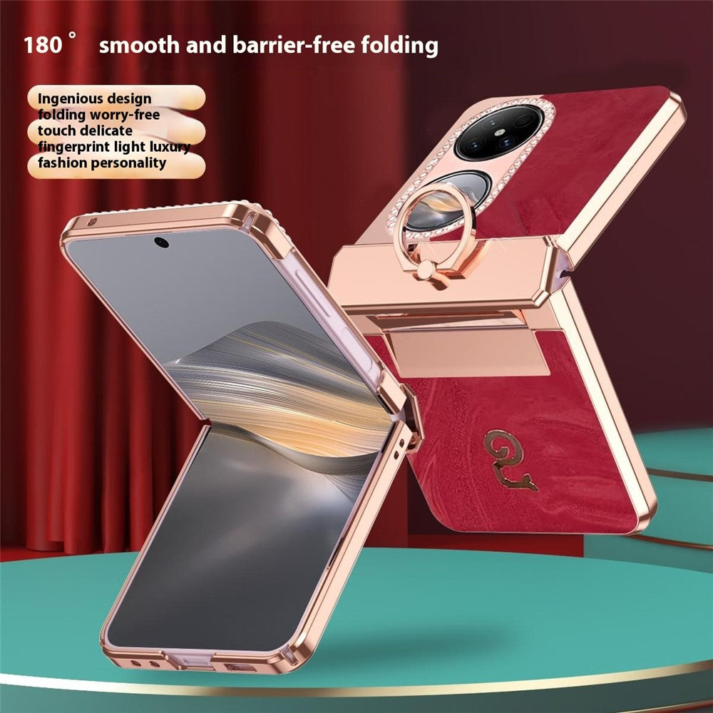 Huawei Pocket 2-skal med ringhållare, strassdekor, PU-läder, vikbart PC-mobilskal