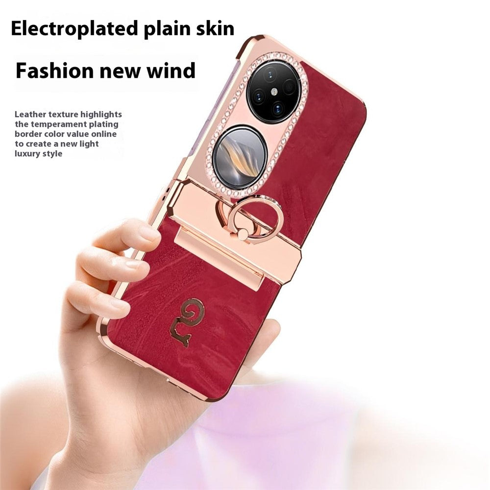 Huawei Pocket 2-skal med ringhållare, strassdekor, PU-läder, vikbart PC-mobilskal