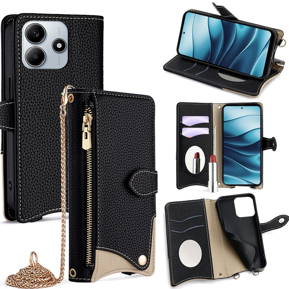 For Xiaomi Redmi Note 14 5G Leather Case Wallet Stand Cover Irregular Tail Style with Chain Strap