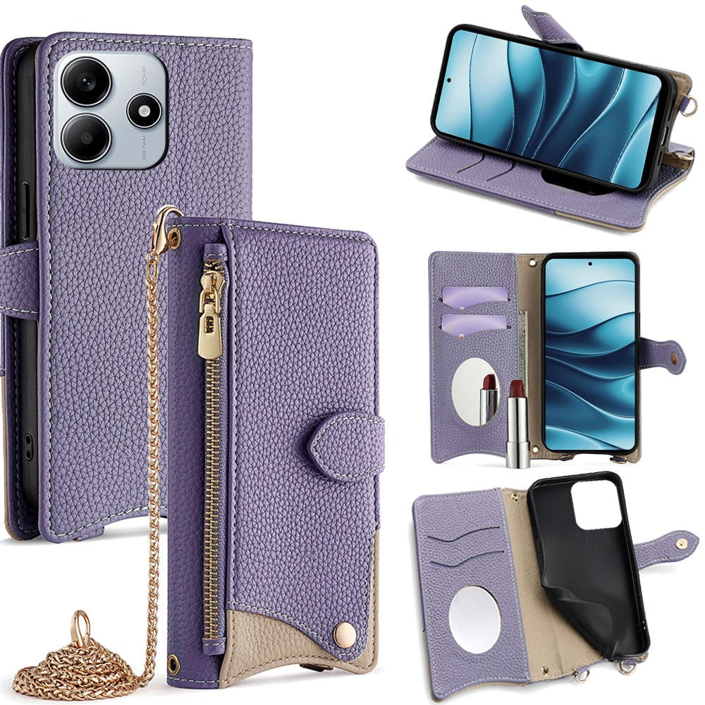 For Xiaomi Redmi Note 14 5G Leather Case Wallet Stand Cover Irregular Tail Style with Chain Strap