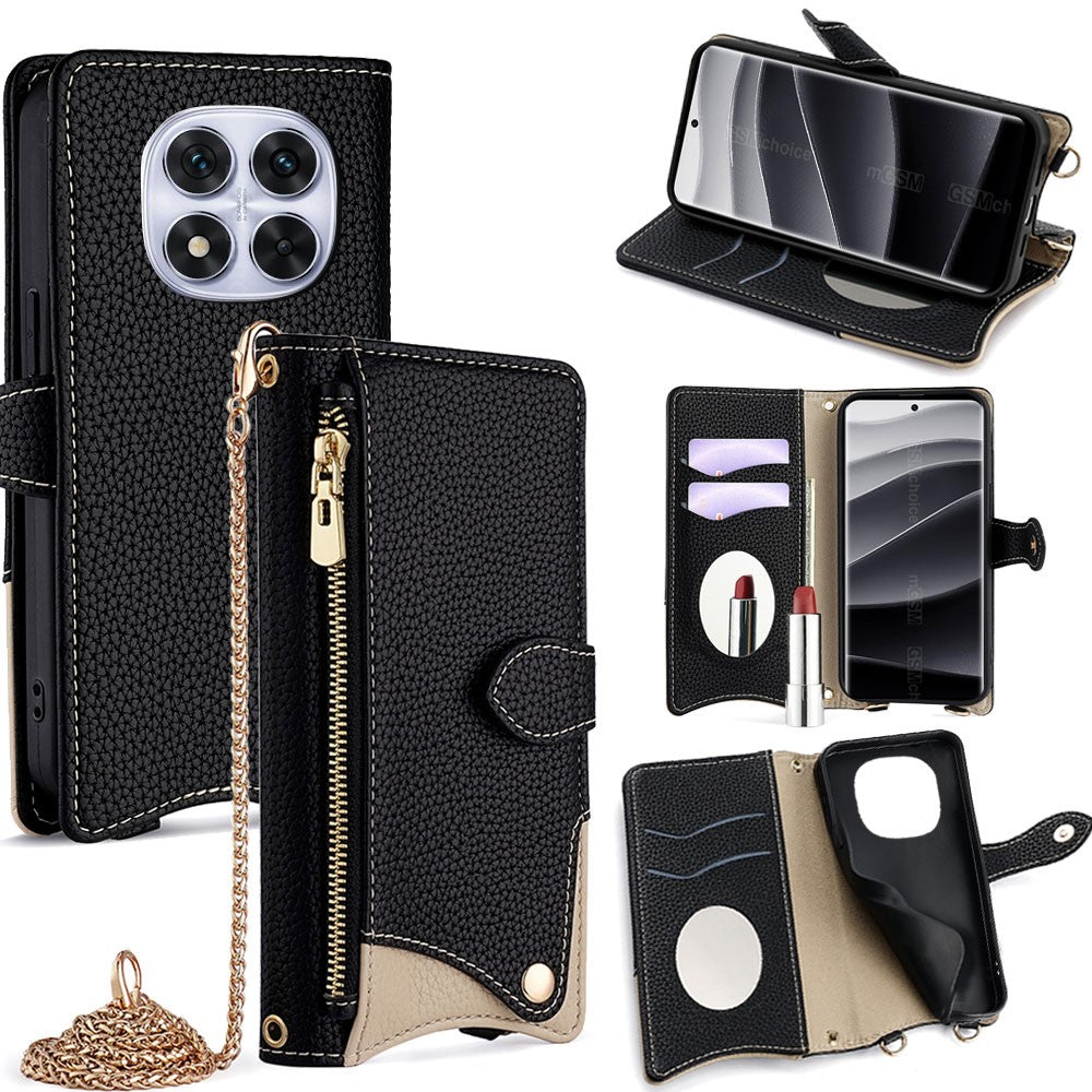 For Xiaomi Redmi Note 14 Pro 5G / Poco X7 5G Leather Case Wallet Stand Cover Irregular Tail Style with Chain Strap