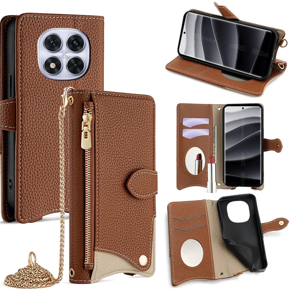 For Xiaomi Redmi Note 14 Pro 5G / Poco X7 5G Leather Case Wallet Stand Cover Irregular Tail Style with Chain Strap