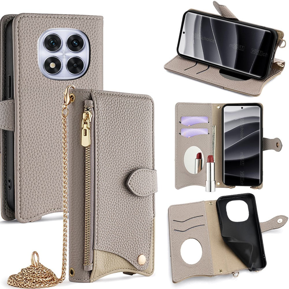 For Xiaomi Redmi Note 14 Pro 5G / Poco X7 5G Leather Case Wallet Stand Cover Irregular Tail Style with Chain Strap