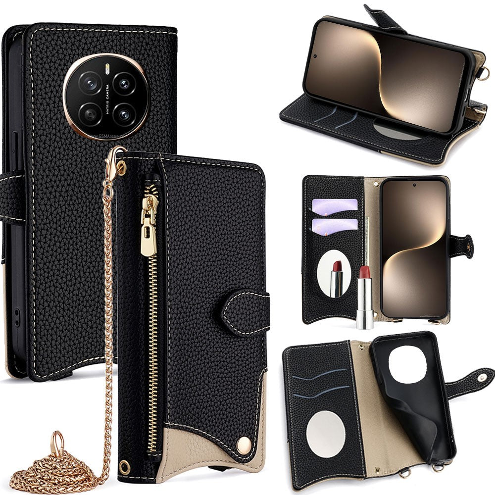 For Honor Magic7 5G Leather Case Wallet Stand Cover Irregular Tail Style with Chain Strap