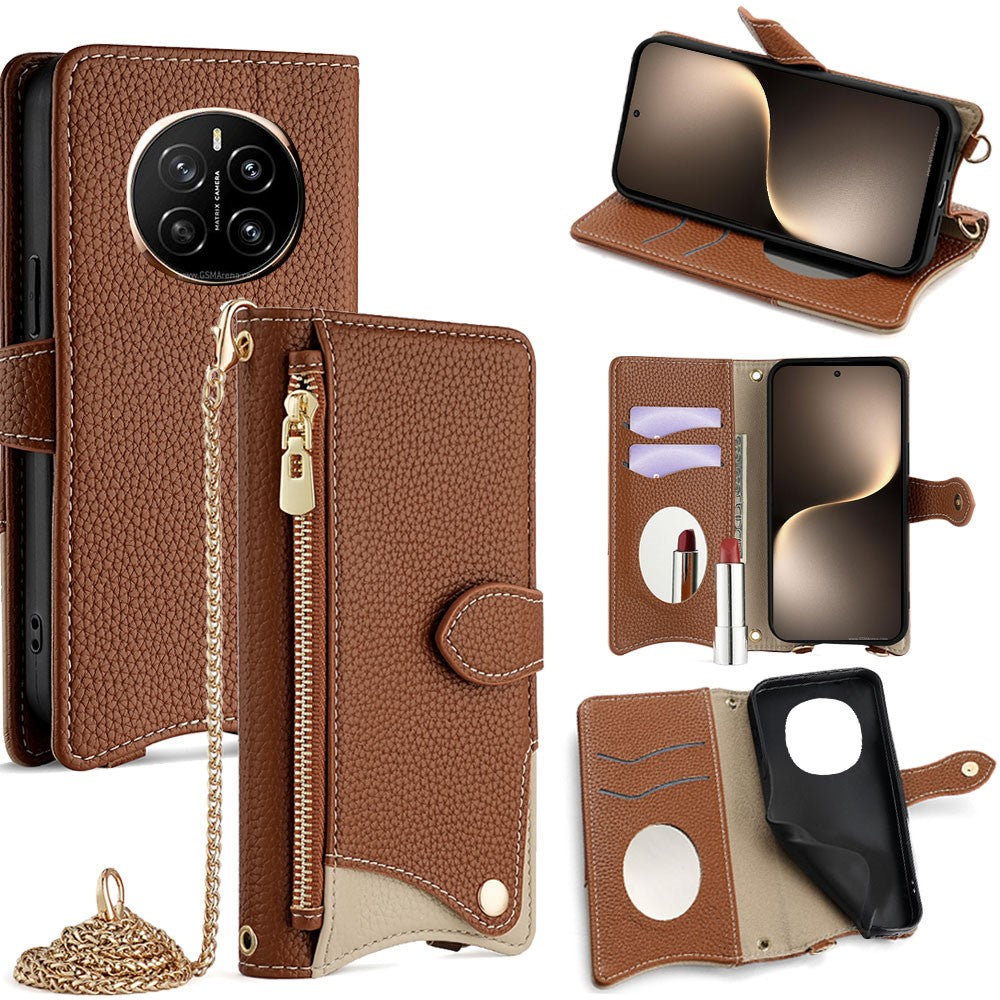 For Honor Magic7 5G Leather Case Wallet Stand Cover Irregular Tail Style with Chain Strap