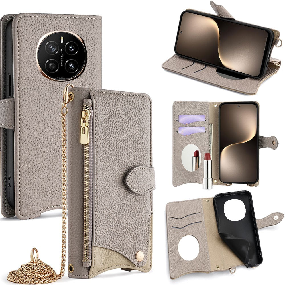For Honor Magic7 5G Leather Case Wallet Stand Cover Irregular Tail Style with Chain Strap