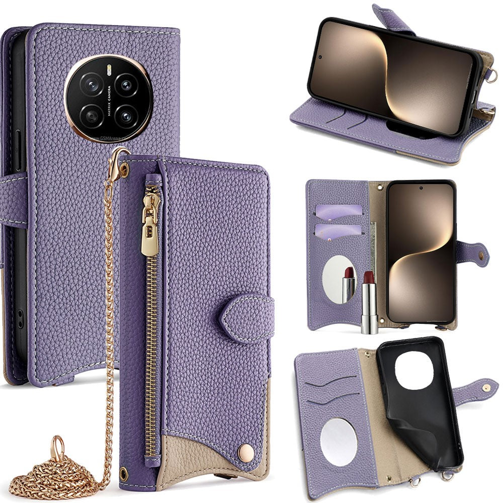 For Honor Magic7 5G Leather Case Wallet Stand Cover Irregular Tail Style with Chain Strap