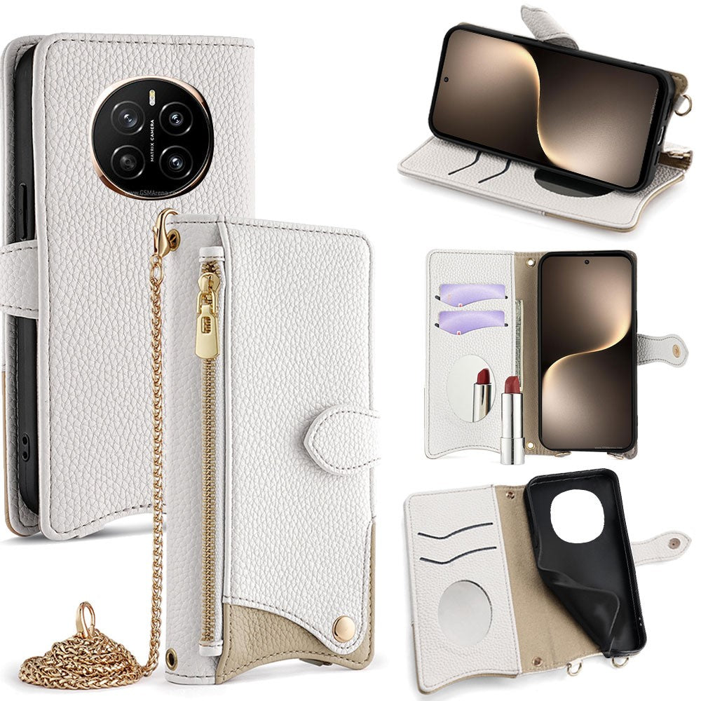 For Honor Magic7 5G Leather Case Wallet Stand Cover Irregular Tail Style with Chain Strap