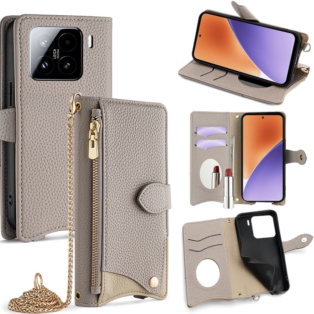 For Xiaomi 15 Leather Case Wallet Stand Cover Irregular Tail Style with Chain Strap
