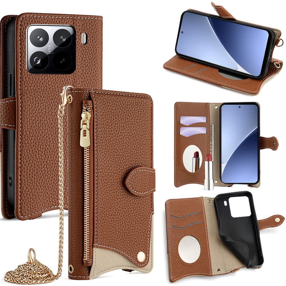 For Xiaomi 15 Pro Leather Case Wallet Stand Cover Irregular Tail Style with Chain Strap