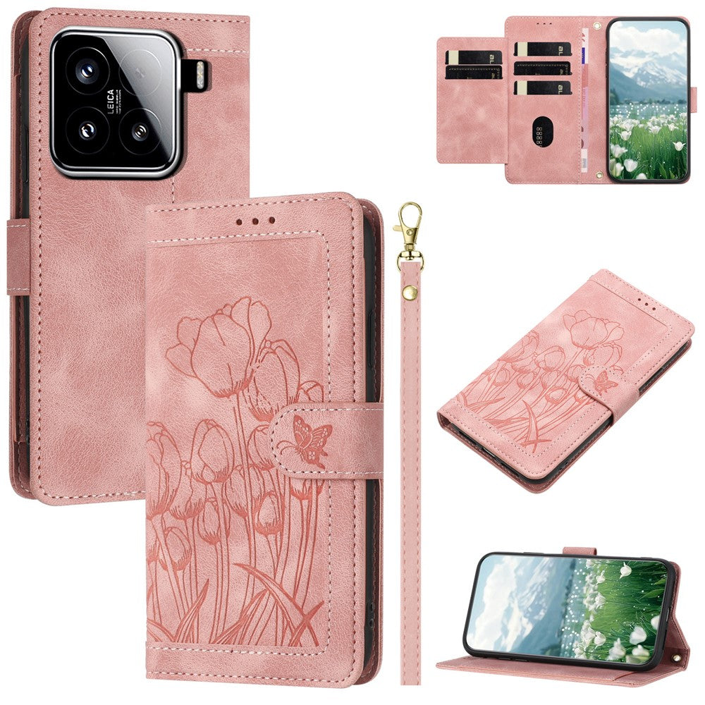 For Xiaomi 15 Tulip Leather Case Phone Cover with 5 Card Slots Wallet