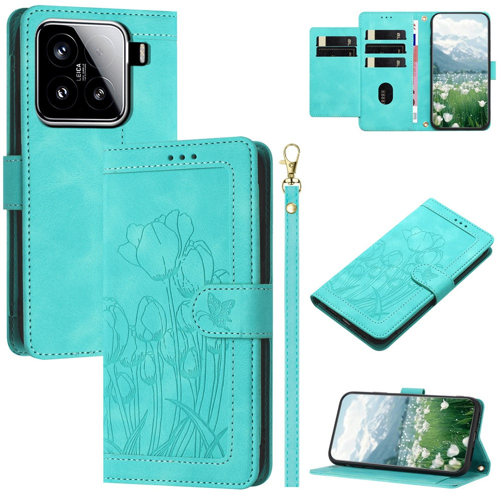For Xiaomi 15 Tulip Leather Case Phone Cover with 5 Card Slots Wallet
