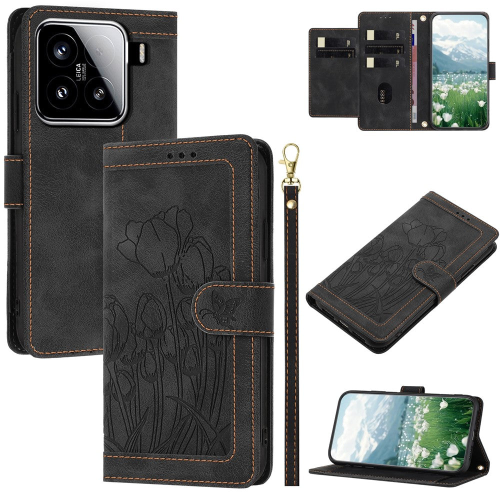 For Xiaomi 15 Tulip Leather Case Phone Cover with 5 Card Slots Wallet