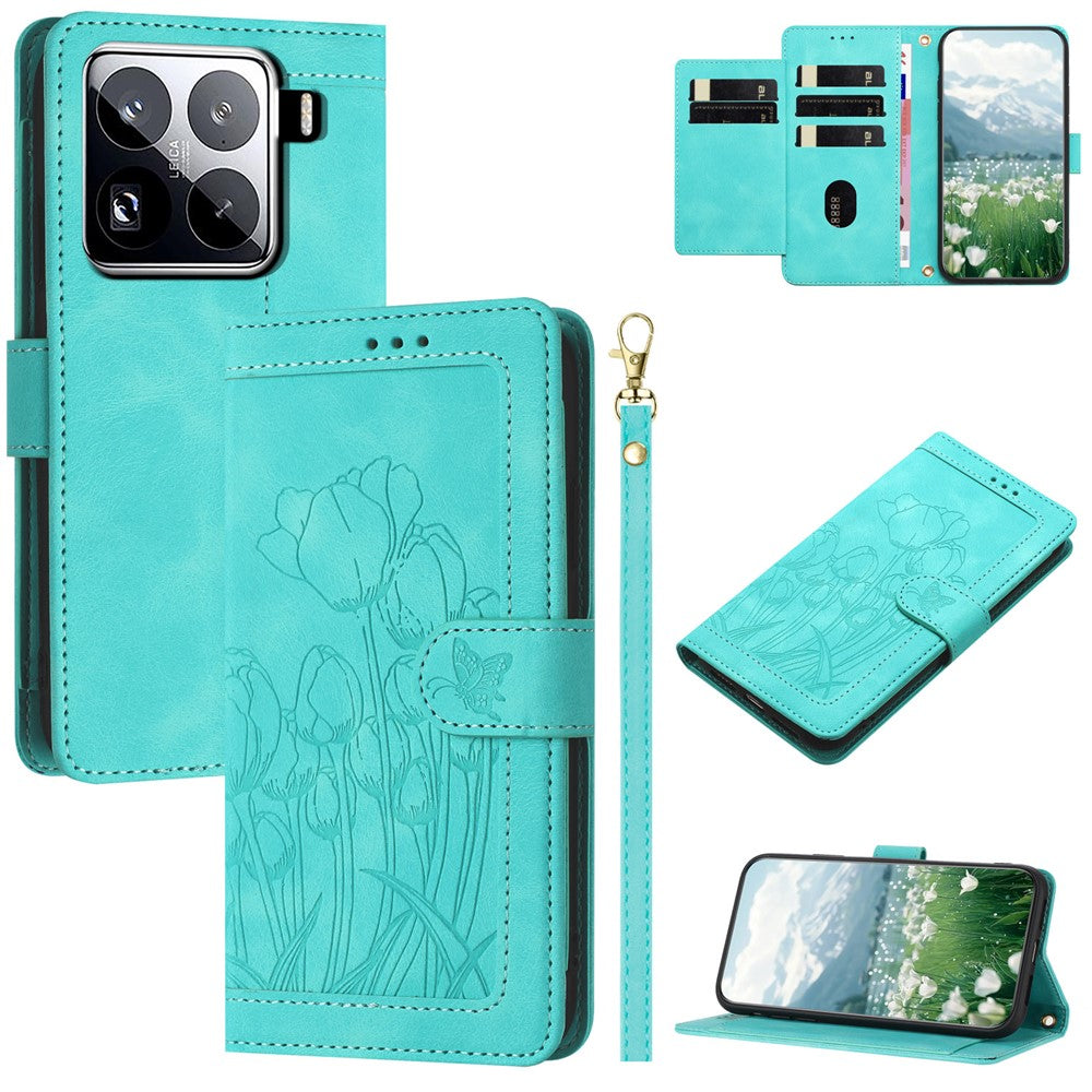 For Xiaomi 15 Pro Tulip Leather Case Phone Cover with 5 Card Slots Wallet