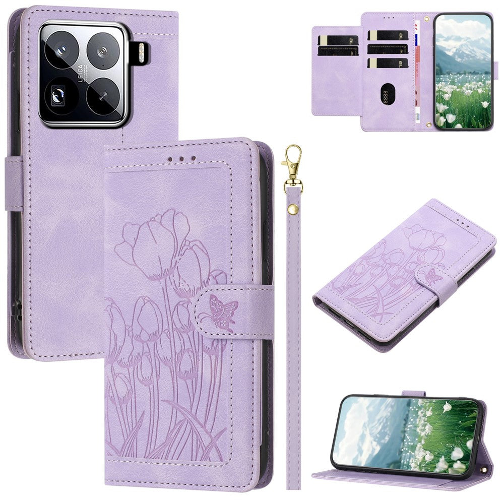 For Xiaomi 15 Pro Tulip Leather Case Phone Cover with 5 Card Slots Wallet