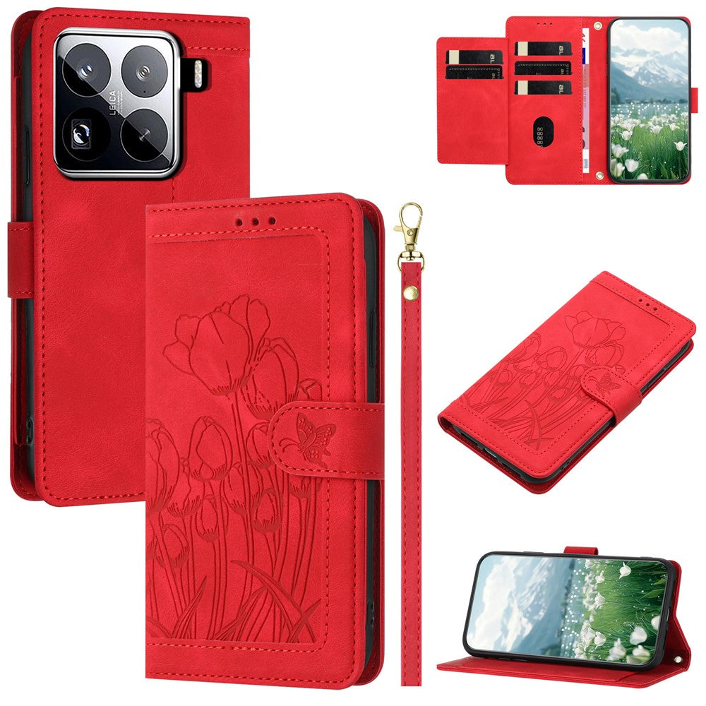 For Xiaomi 15 Pro Tulip Leather Case Phone Cover with 5 Card Slots Wallet