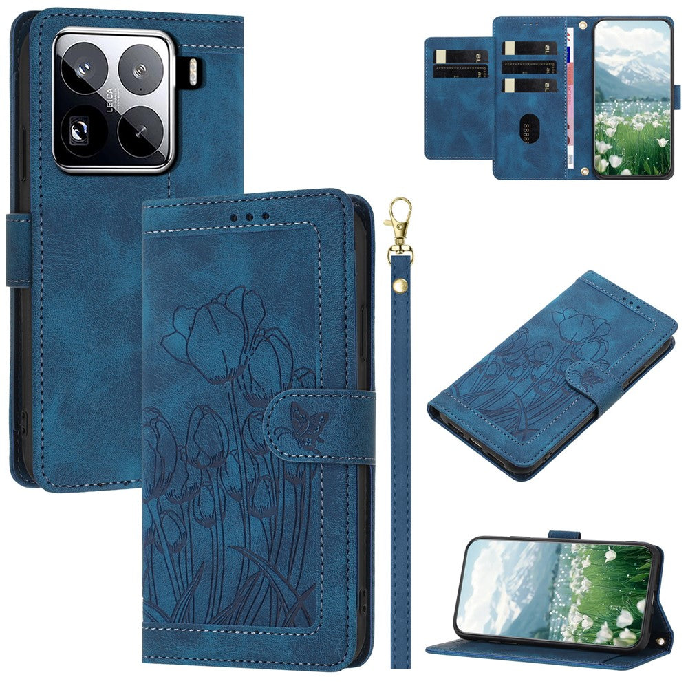For Xiaomi 15 Pro Tulip Leather Case Phone Cover with 5 Card Slots Wallet