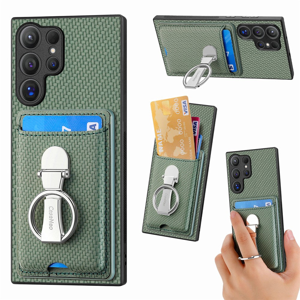 CASENEO Til Samsung Galaxy S25 Ultra Læder Telefon Bagcover med Støttefod og Kortlommer Kulfiber Tekstur