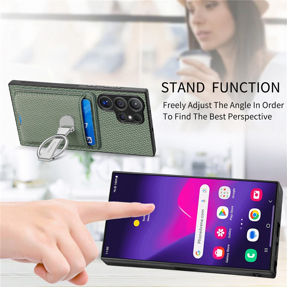 CASENEO For Samsung Galaxy S25 Ultra Leather Phone Back Cover with Kickstand and Card Slots Carbon Fiber Texture
