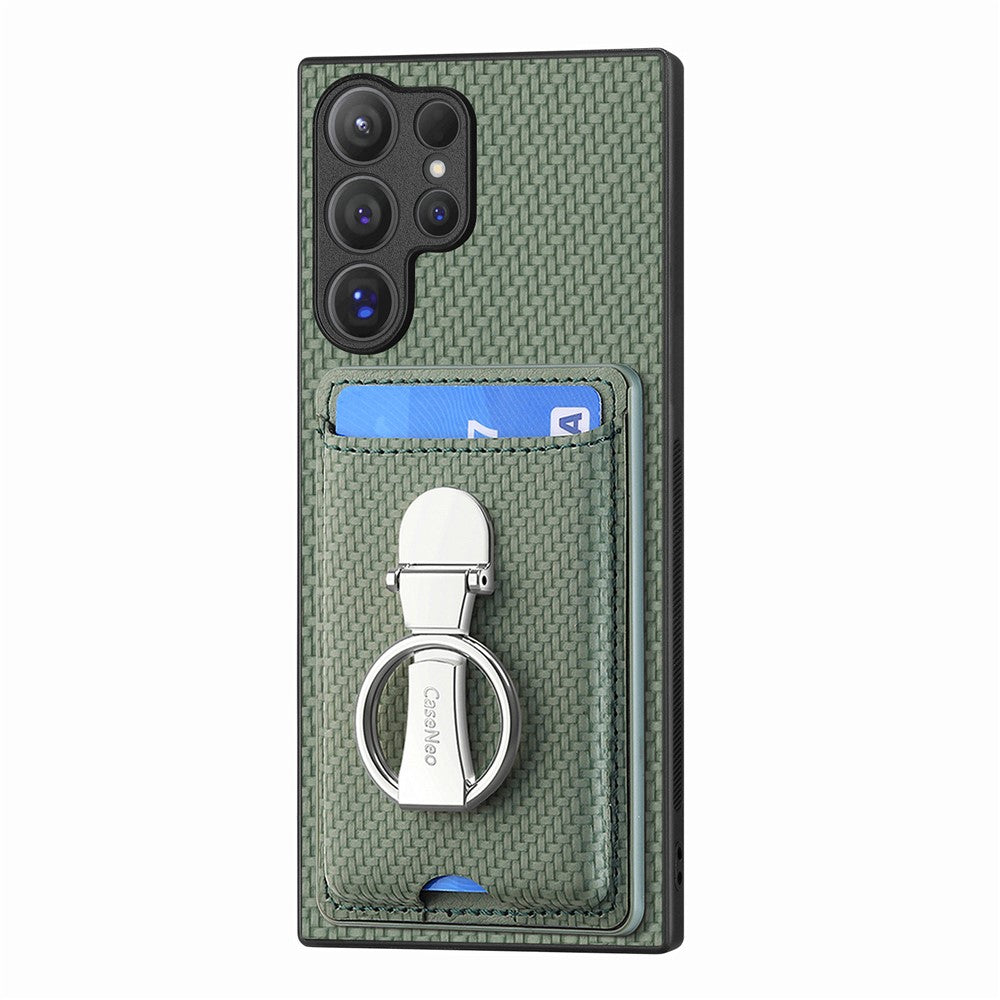 CASENEO For Samsung Galaxy S25 Ultra Leather Phone Back Cover with Kickstand and Card Slots Carbon Fiber Texture
