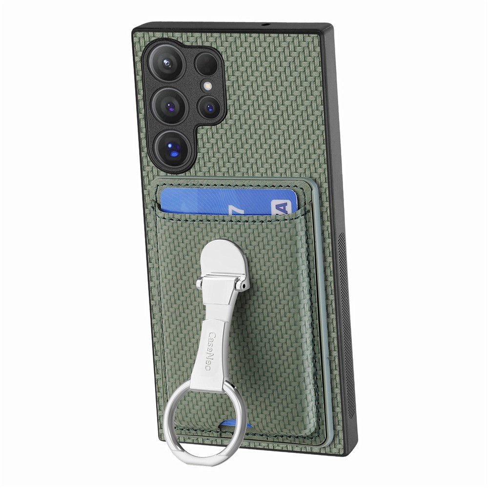 CASENEO For Samsung Galaxy S25 Ultra Leather Phone Back Cover with Kickstand and Card Slots Carbon Fiber Texture