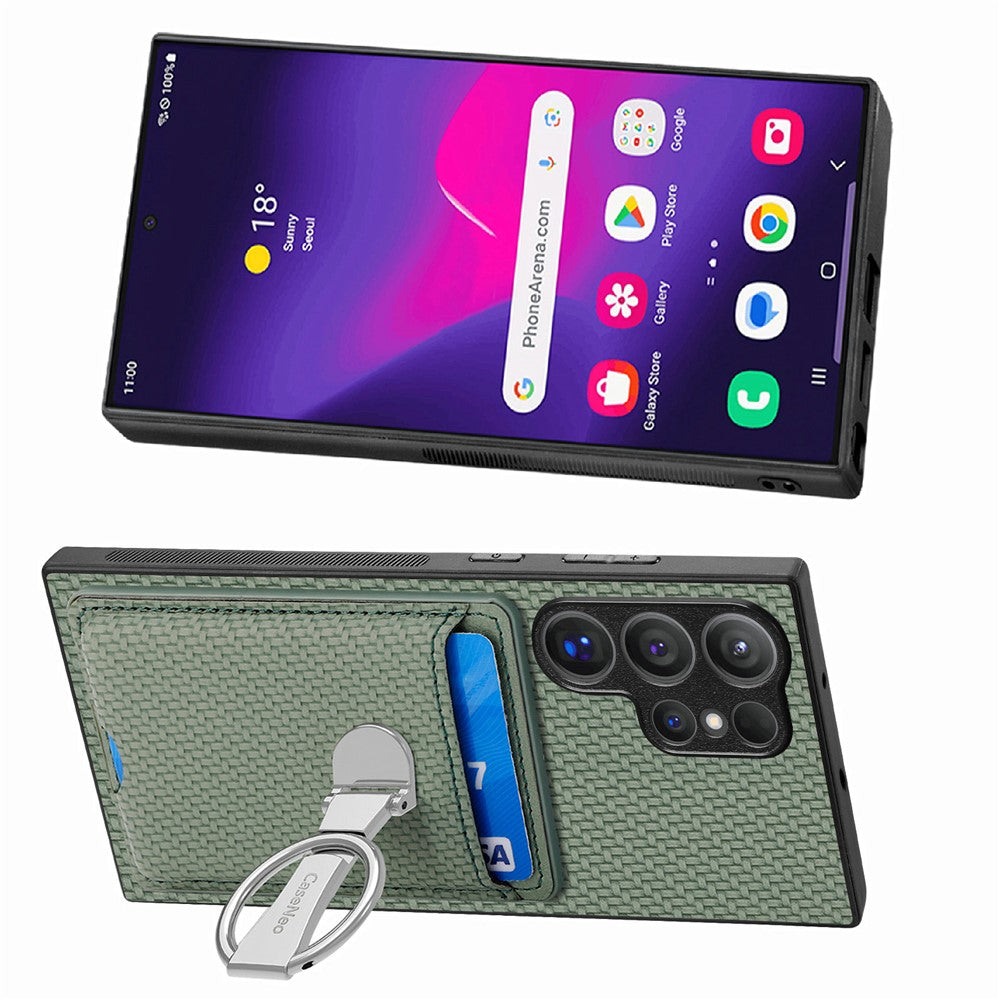 CASENEO For Samsung Galaxy S25 Ultra Leather Phone Back Cover with Kickstand and Card Slots Carbon Fiber Texture