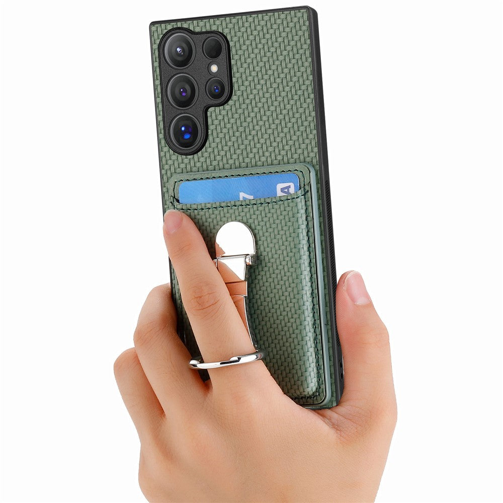 CASENEO For Samsung Galaxy S25 Ultra Leather Phone Back Cover with Kickstand and Card Slots Carbon Fiber Texture
