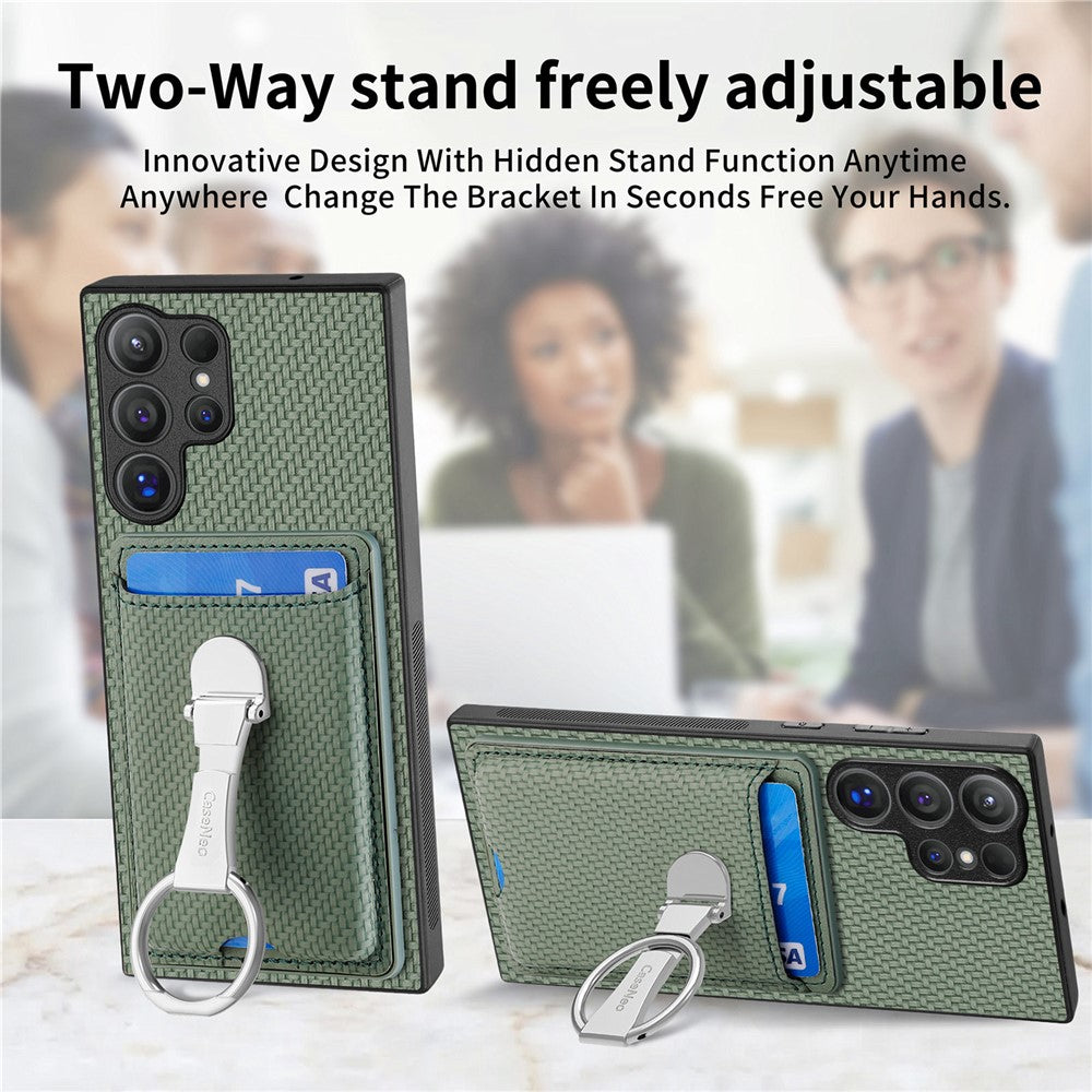 CASENEO For Samsung Galaxy S25 Ultra Leather Phone Back Cover with Kickstand and Card Slots Carbon Fiber Texture