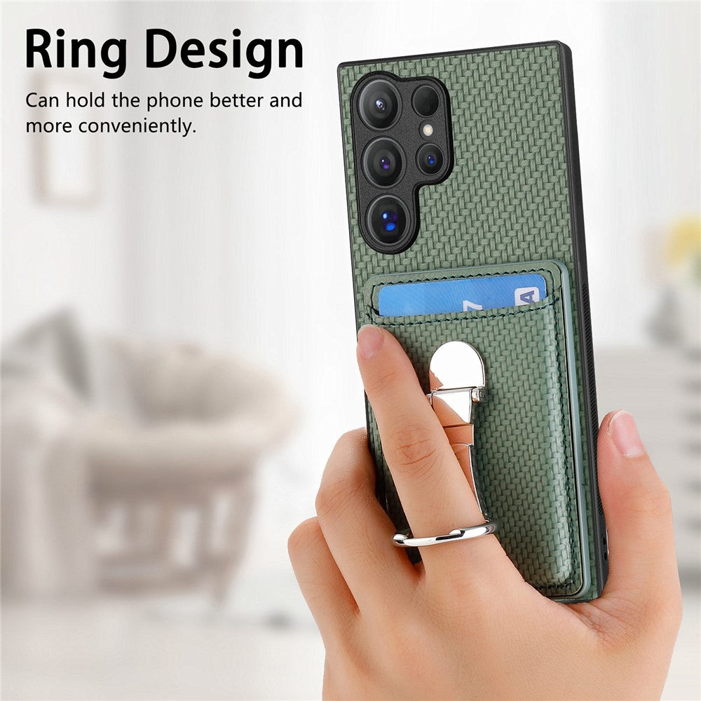 CASENEO For Samsung Galaxy S25 Ultra Leather Phone Back Cover with Kickstand and Card Slots Carbon Fiber Texture