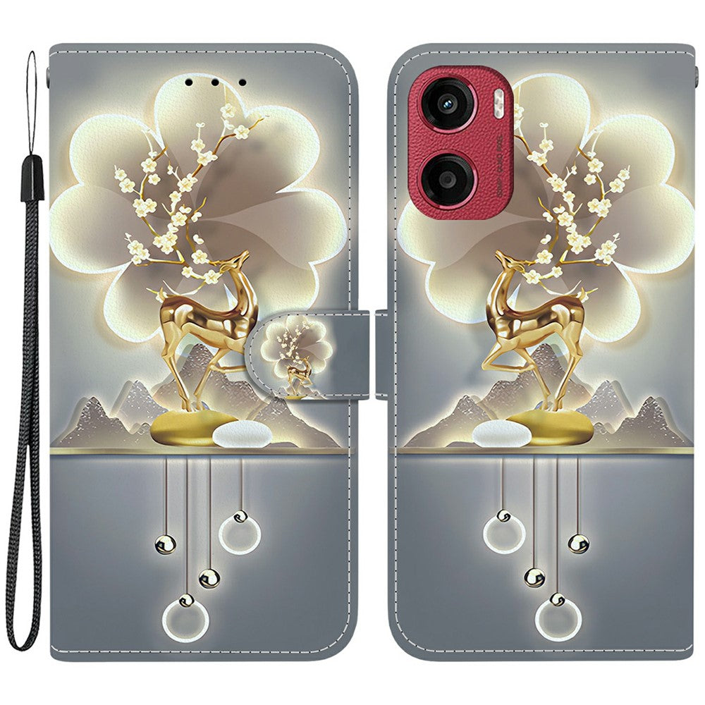 For Motorola Moto G05 4G  /  E15 4G Case Pattern Printing Anti-Drop Leather Flip Wallet Phone Cover with Lanyard